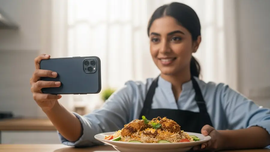 A home chef practicing food photography for sellers by taking a professional picture of biryani with a smartphone.