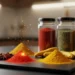 A collection of fresh, vibrant spices and airtight jars on a kitchen counter, representing how to store spices correctly.