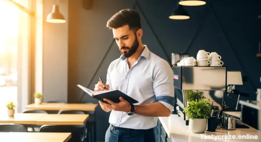 A young Pakistani man planning his dream food business in a modern cafe.