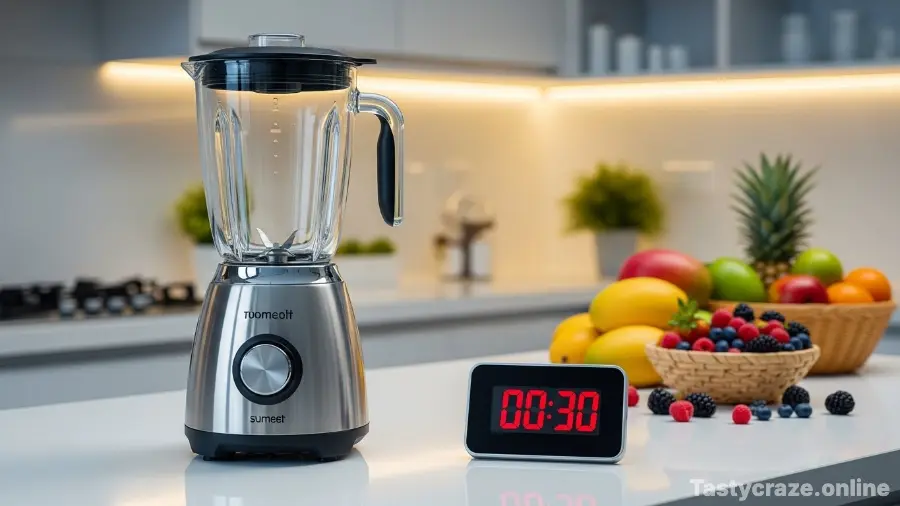 A clean blender next to a stopwatch showing 30 seconds, illustrating a quick cleaning hack.