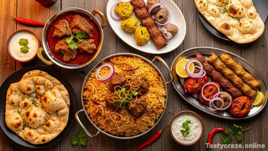 An array of Pakistani food including biryani and karahi representing food tourism in the country.