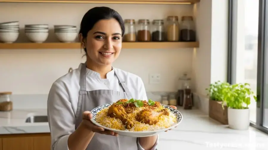 Pakistani home chef in a clean kitchen showcasing food safety and hygiene principles.