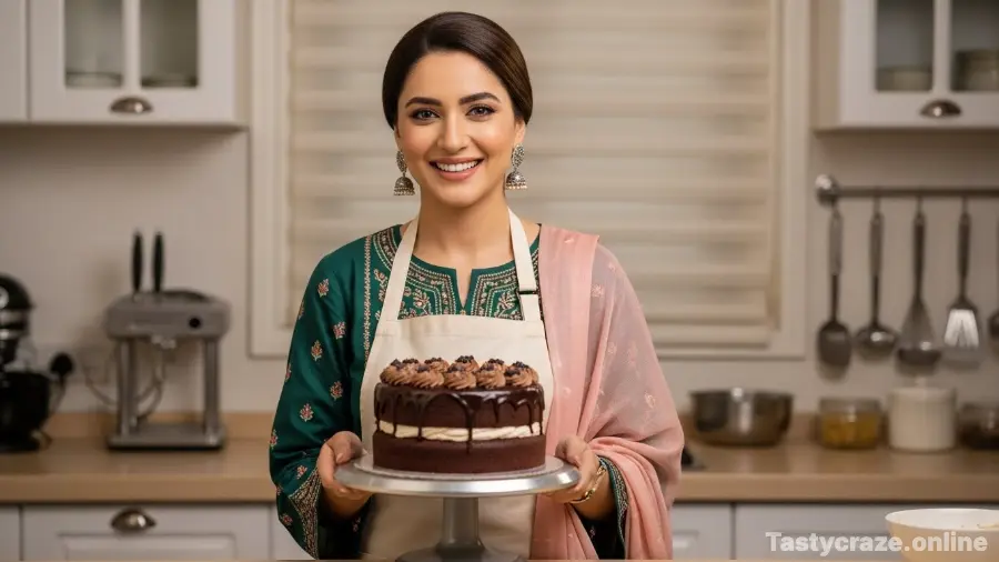 A female home baker in Pakistan showing off a homemade cake, illustrating how to price it for profit.