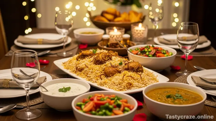 A beautifully arranged table for a Pakistani dinner party on a budget featuring chicken biryani.