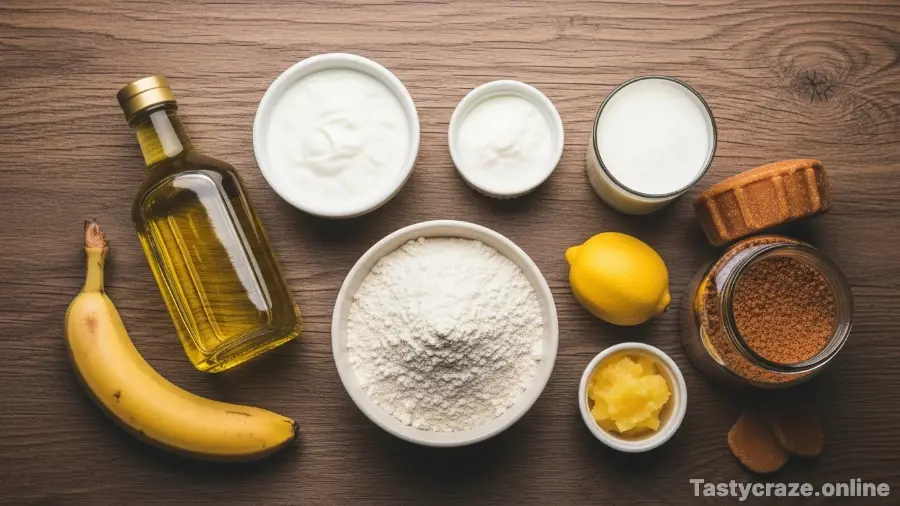 A flat lay of common Pakistani kitchen ingredients used as baking substitutes, including yogurt, oil, and jaggery.