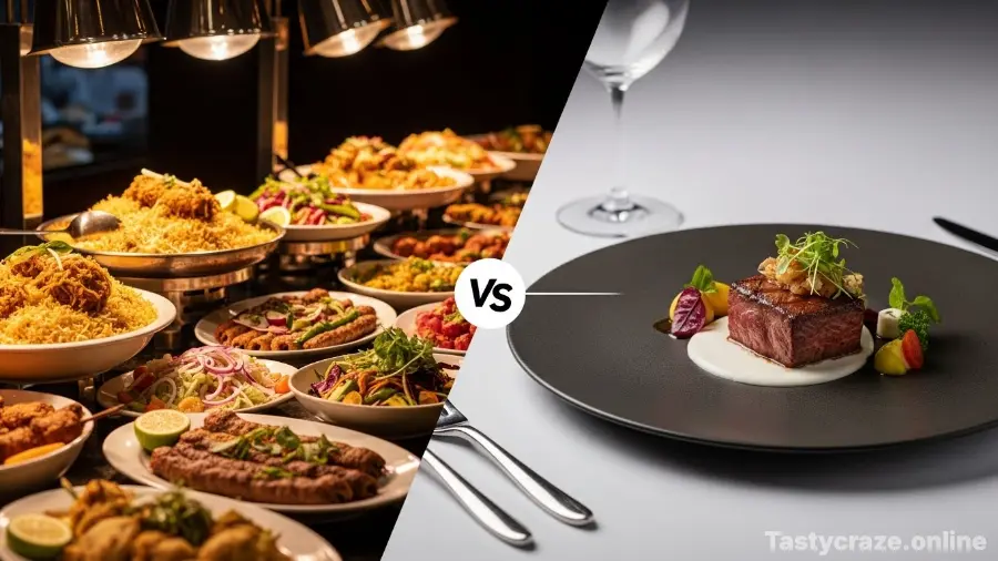 A visual comparison of a Pakistani buffet versus an a la carte meal.