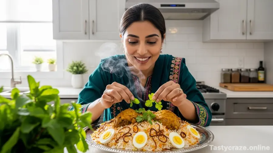 A smiling woman starting her home kitchen business in Pakistan by preparing a dish of biryani.