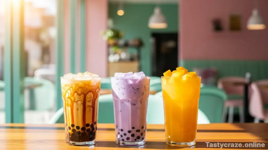 A variety of colorful bubble tea drinks lined up in a trendy Pakistani cafe, representing the boba tea craze.